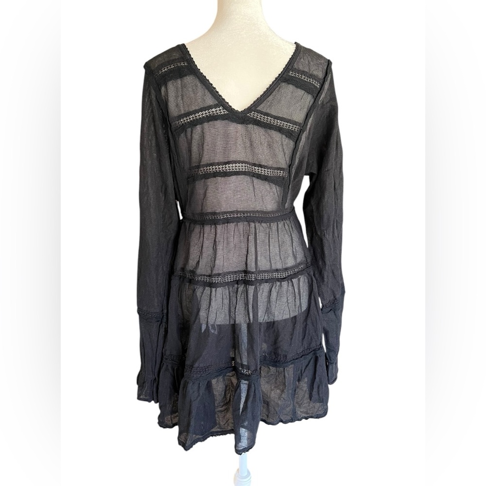 FREE PEOPLE Berlin Black Mesh Long-Sleeved Mini Dress Boho Lace Size S - Picture 4 of 8